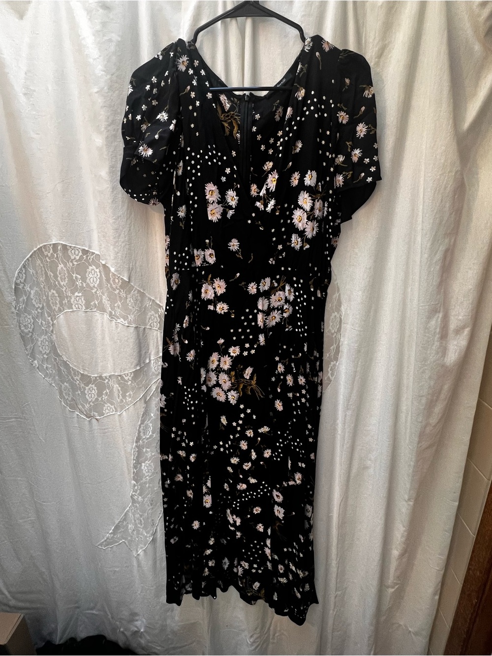 Madewell Black Floral Midi Dress with Puff Sleeves